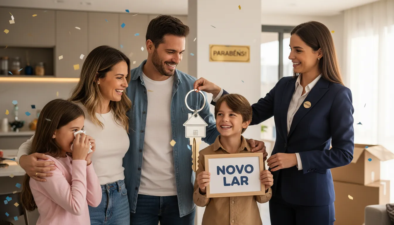 Família recebendo as chaves da nova casa com um agente da Veneza.