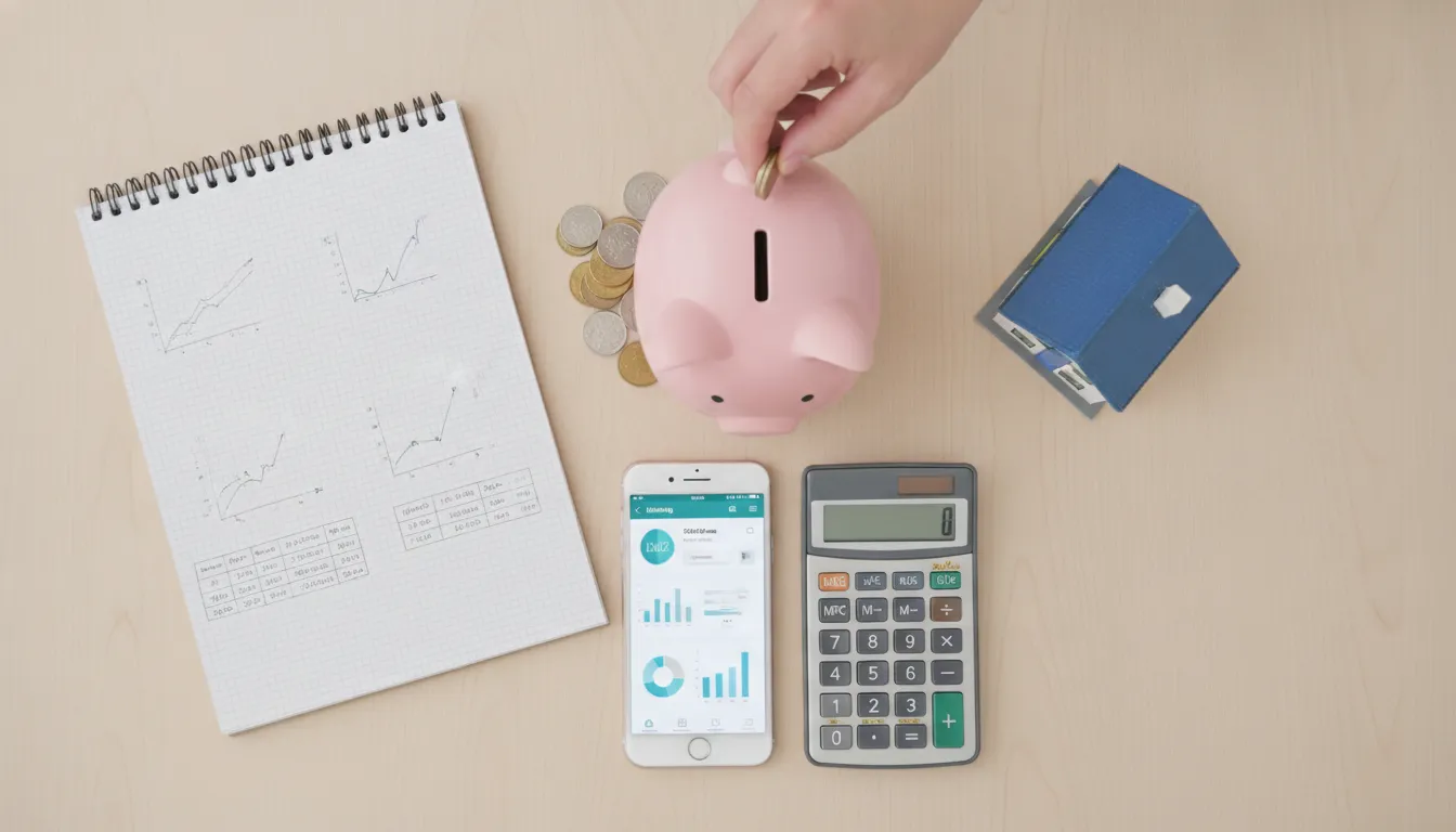Mãos depositam moedas em cofrinho, planejando a entrada para financiamento imobiliário e reservas.