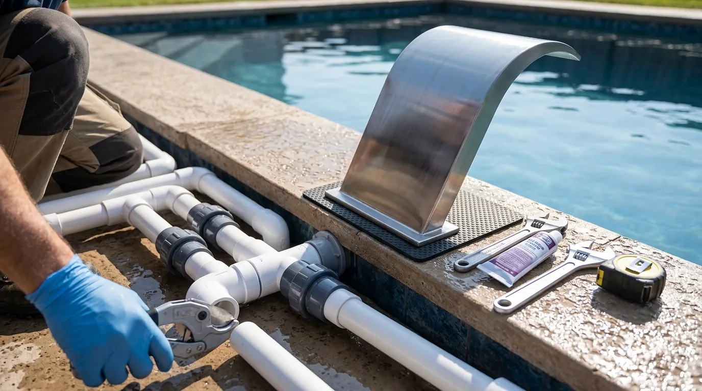 Instalacao de cascata piscina em deck residencial com tubulacoes hidraulicas e acabamento perfeito.
