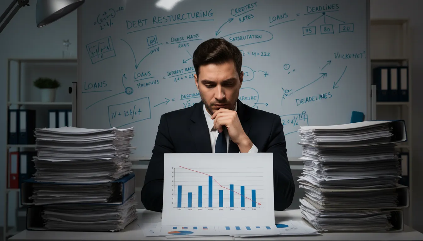 Empresário analisando documentos e buscando soluções para dívidas empresariais.