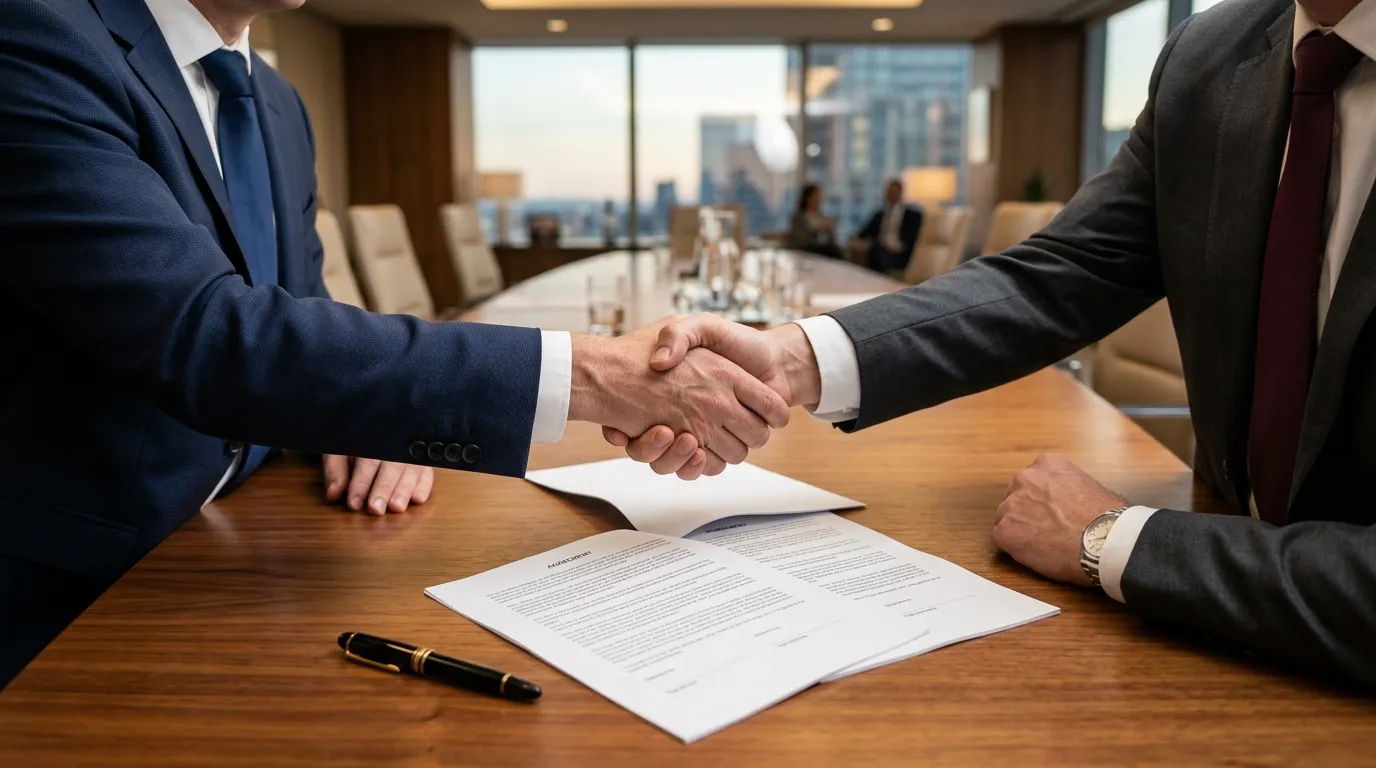 Aperto de mãos celebrando acordo confidencial em processo de mediação empresarial e resolução de conflitos.