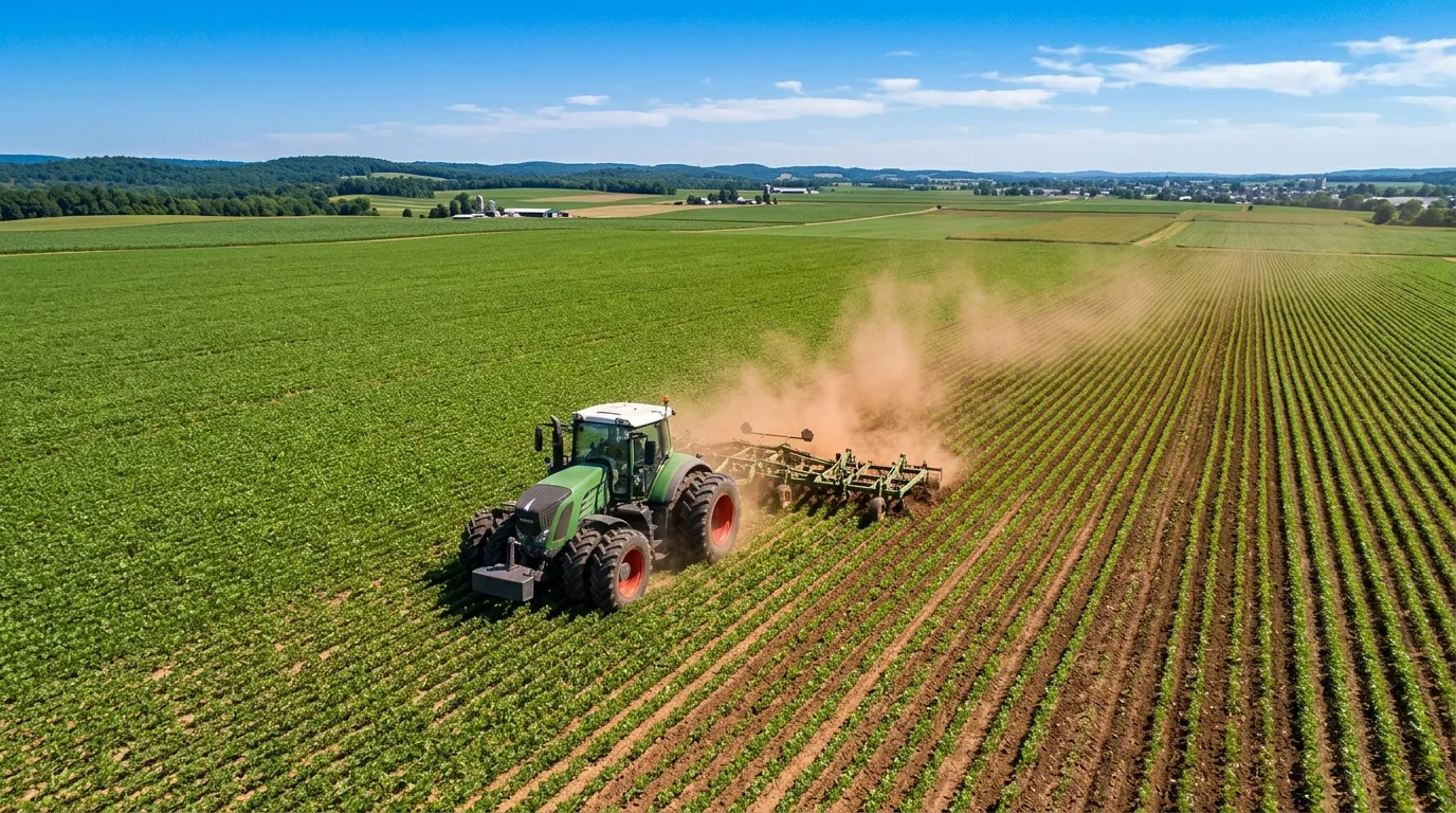 Trator verde em campo cultivado representando forte mov de crescimento do cultivo nacional.