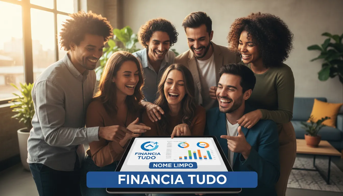 Grupo diverso planejando finanças após consultar cpf grátis e limpar o nome. Soluções Financia Tudo.