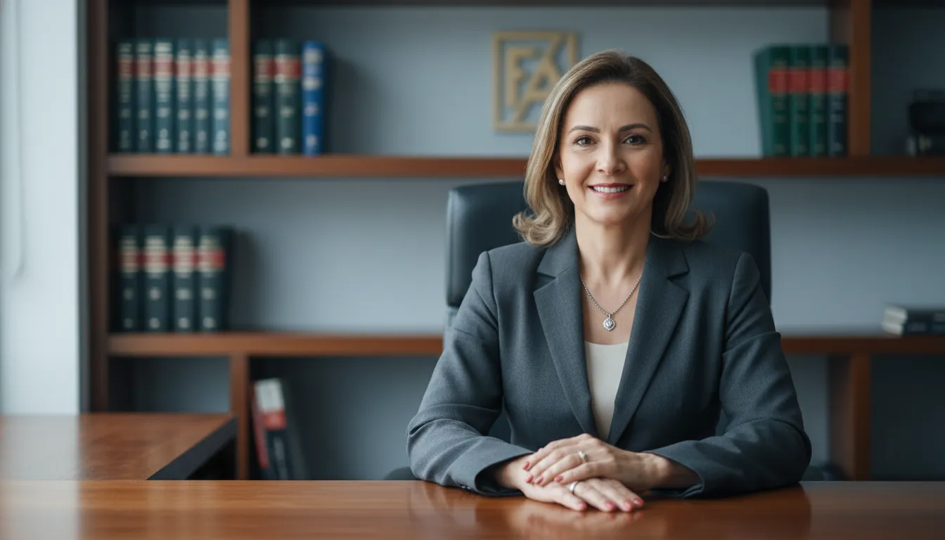 Advogada sorridente em escritório moderno, transmitindo confiança ao explicar direitos PIS/PASEP e trabalhistas.