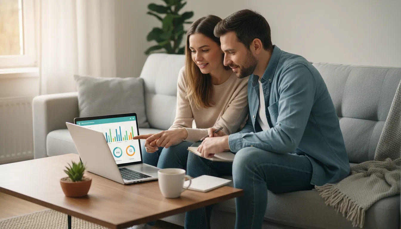 Casal jovem em casa analisando finanças no laptop, planejando organização financeira financiamentos juntos.