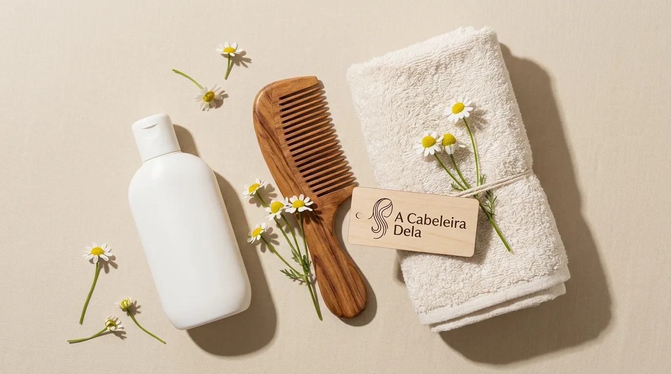 Produtos suaves e pente de madeira ideais para couro cabeludo sensível.