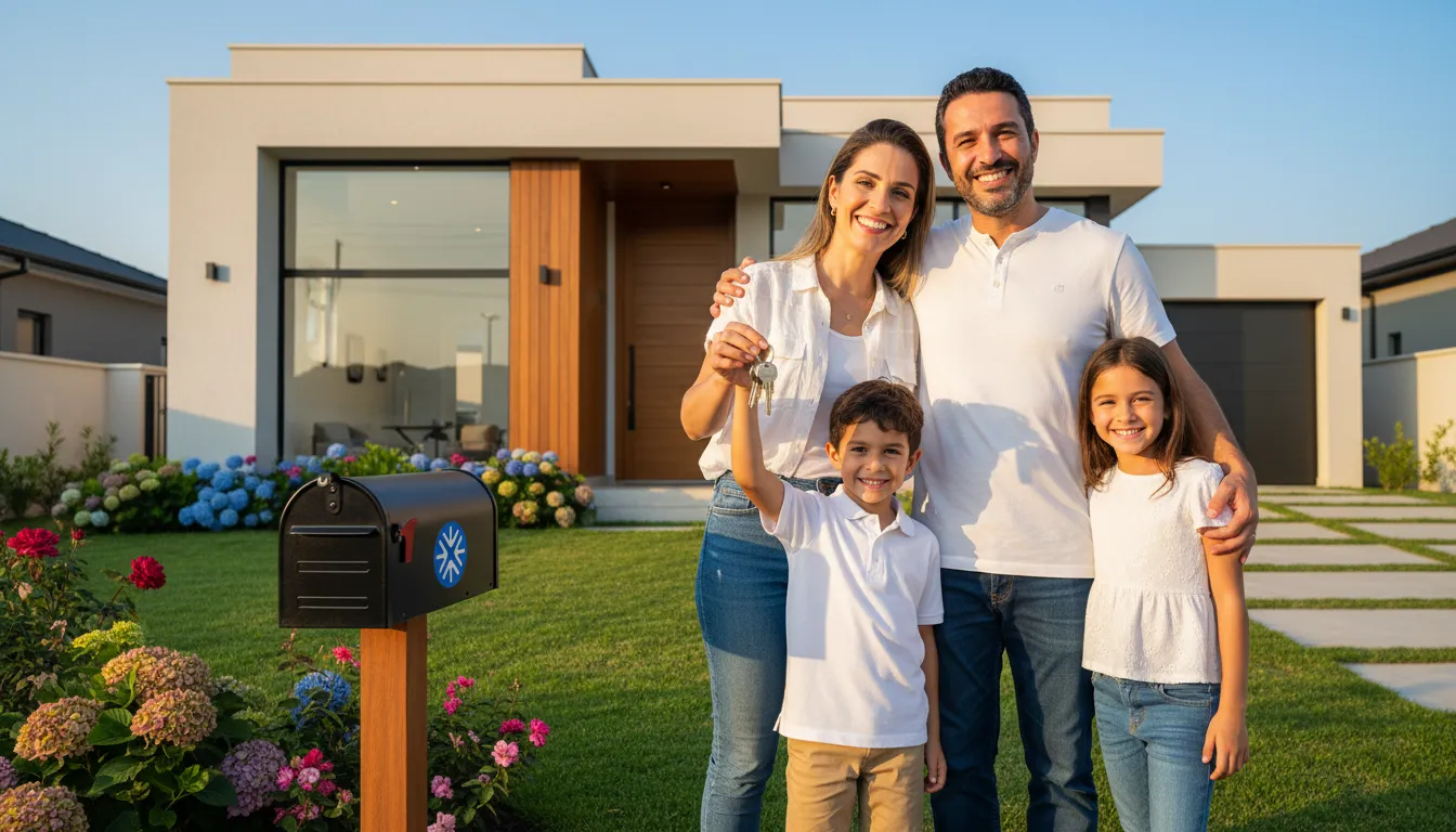 Família feliz em frente à casa recém-construída, simbolizando a conquista do sonho da casa própria com crédito para término de obra.