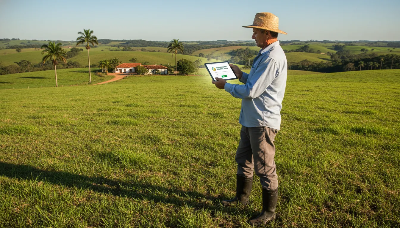 Produtor rural brasileiro utilizando tablet no campo para regularizar dívidas fiscais.