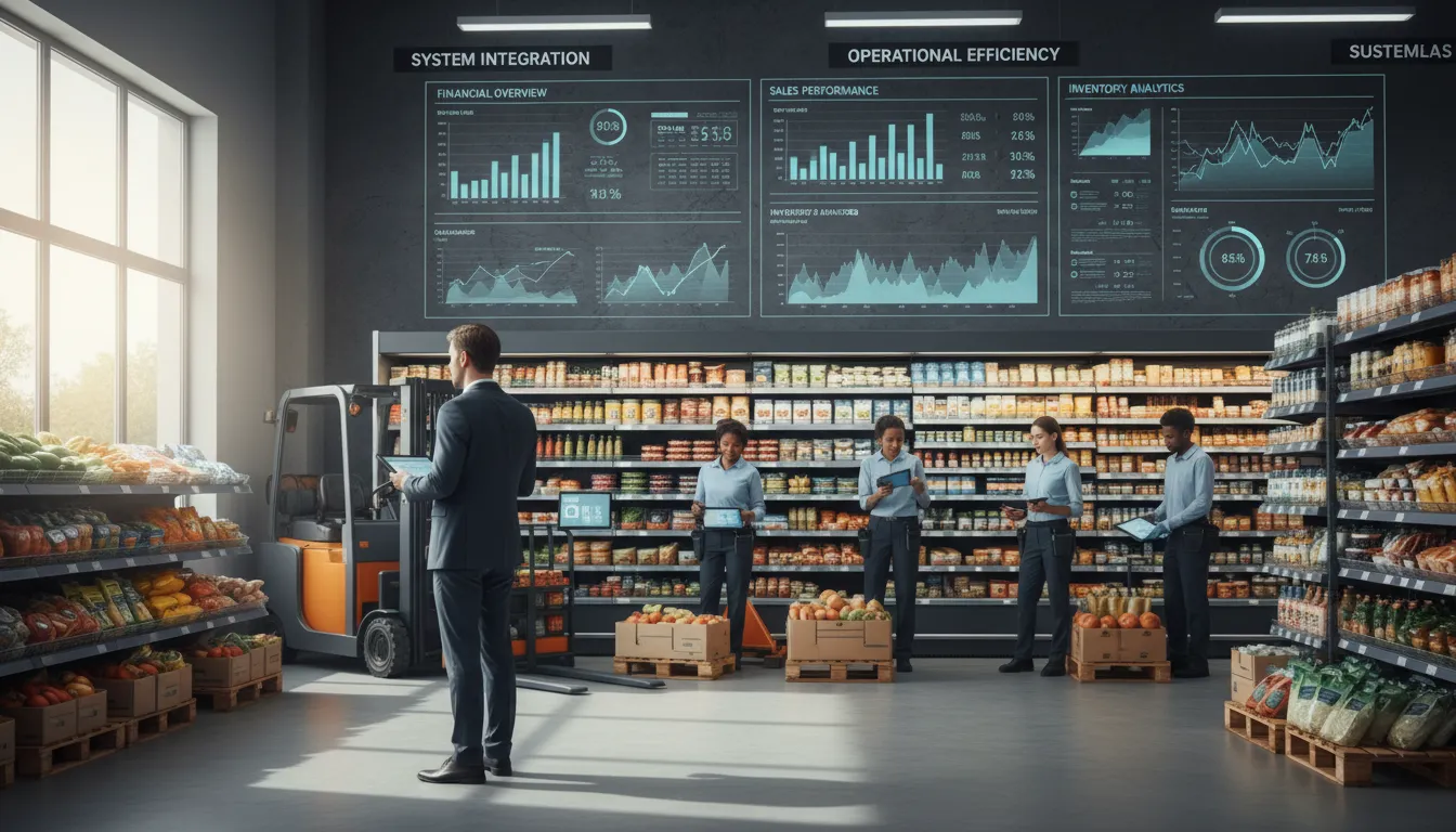 Gestor observa painel financeiro digitalizado e equipe opera sistema automatizado para controle de estoque.