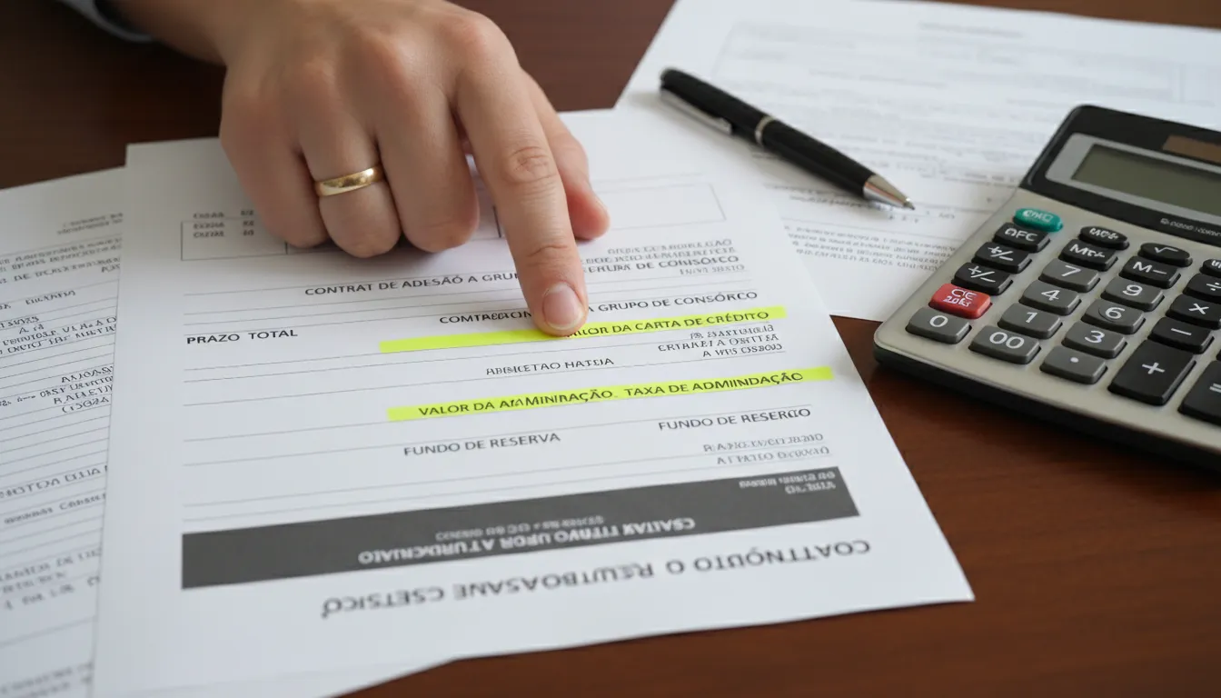 Análise detalhada de contrato de consórcio com ênfase nas cláusulas e cálculos financeiros