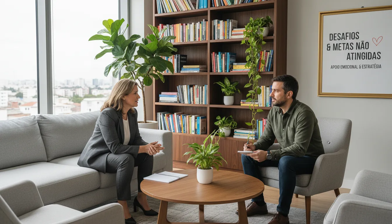 Sessão de apoio psicológico simbólica para lidar com frustrações de metas não alcançadas.