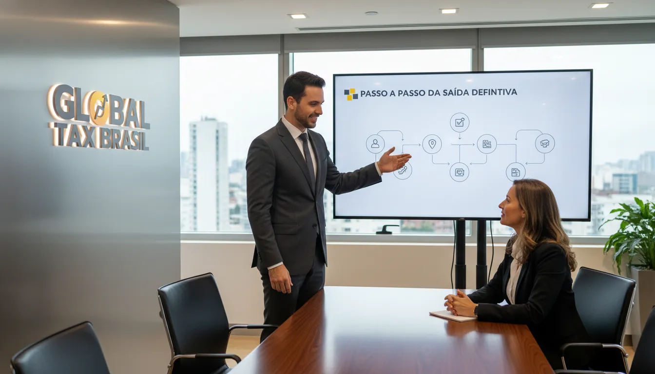 Consultor fiscal orientando um cliente sobre o preenchimento da comunicação de saída definitiva do país de forma clara.