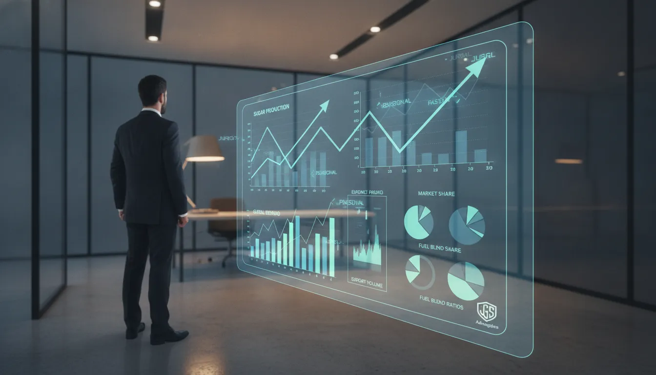 Canela amarela podcast açúcar: Infográfico futurista de mercado de açúcar e etanol com dados financeiros e jurídicos.