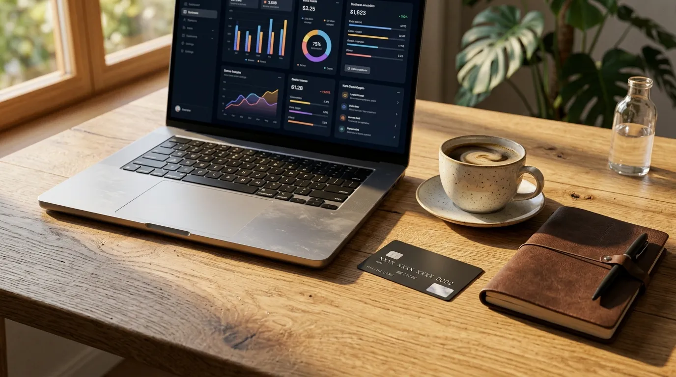 Espaço organizado para ganhar em dólar home office com gráficos de faturamento na tela do computador.