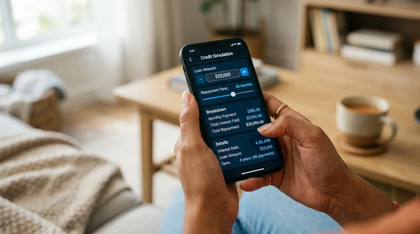 Celular exibindo simulador para entender a diferença entre juros e CET em credito.