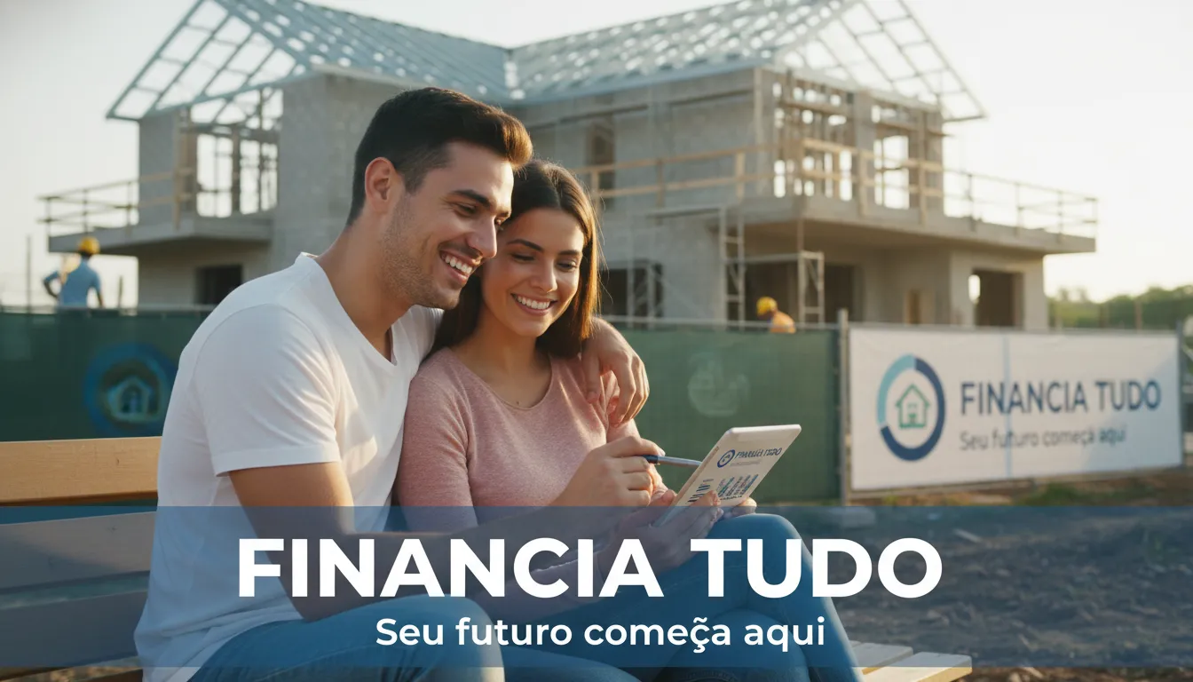 Casal revisando opções de empréstimo para construção em um tablet. Financia Tudo, o caminho para a casa própria.
