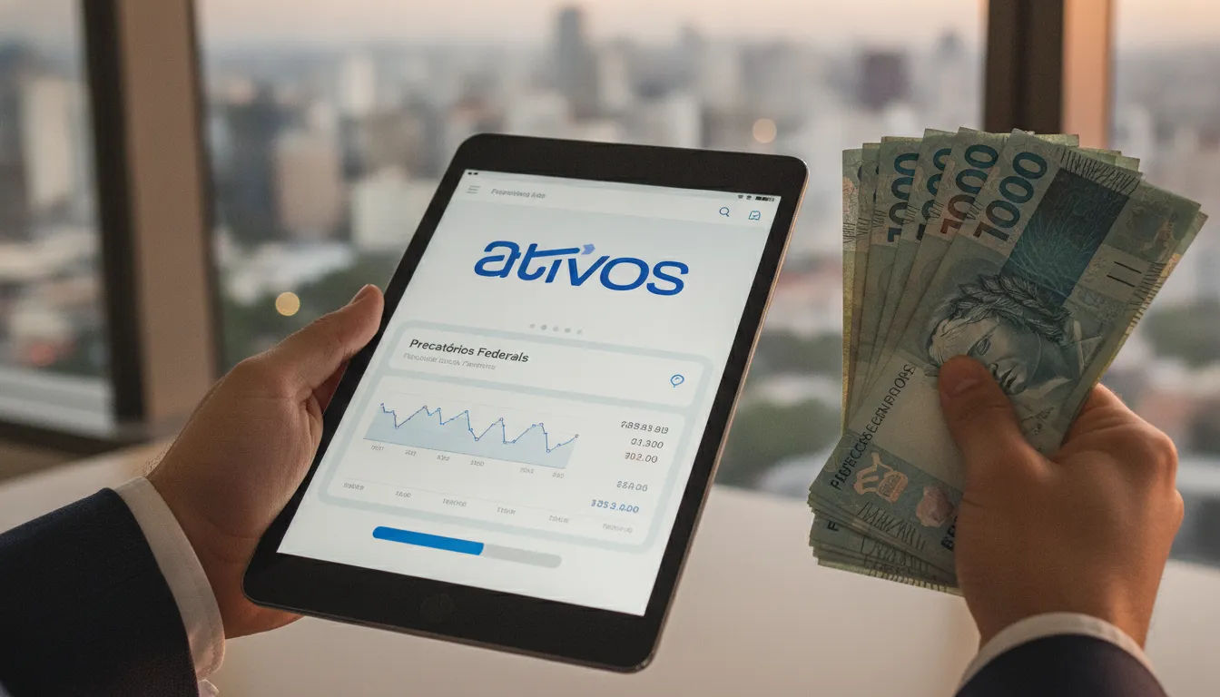 Mãos seguram dinheiro e tablet Ativos, simbolizando liquidez imediata de precatório federal 2026 via plataforma segura.