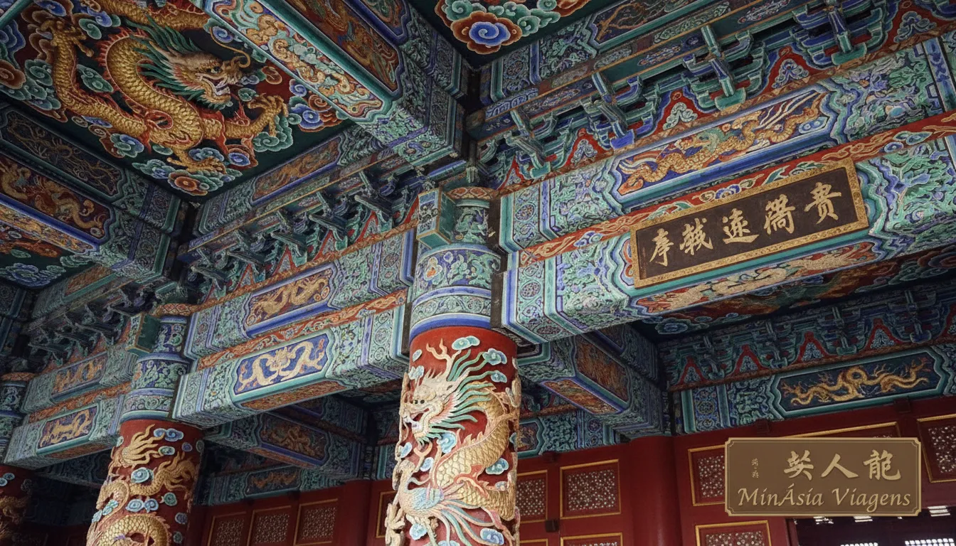 Close-up detalhado dos detalhes do templo do céu, com foco nas esculturas de dragões e símbolos imperiais, destacando o trabalho artístico e a riqueza cultural.