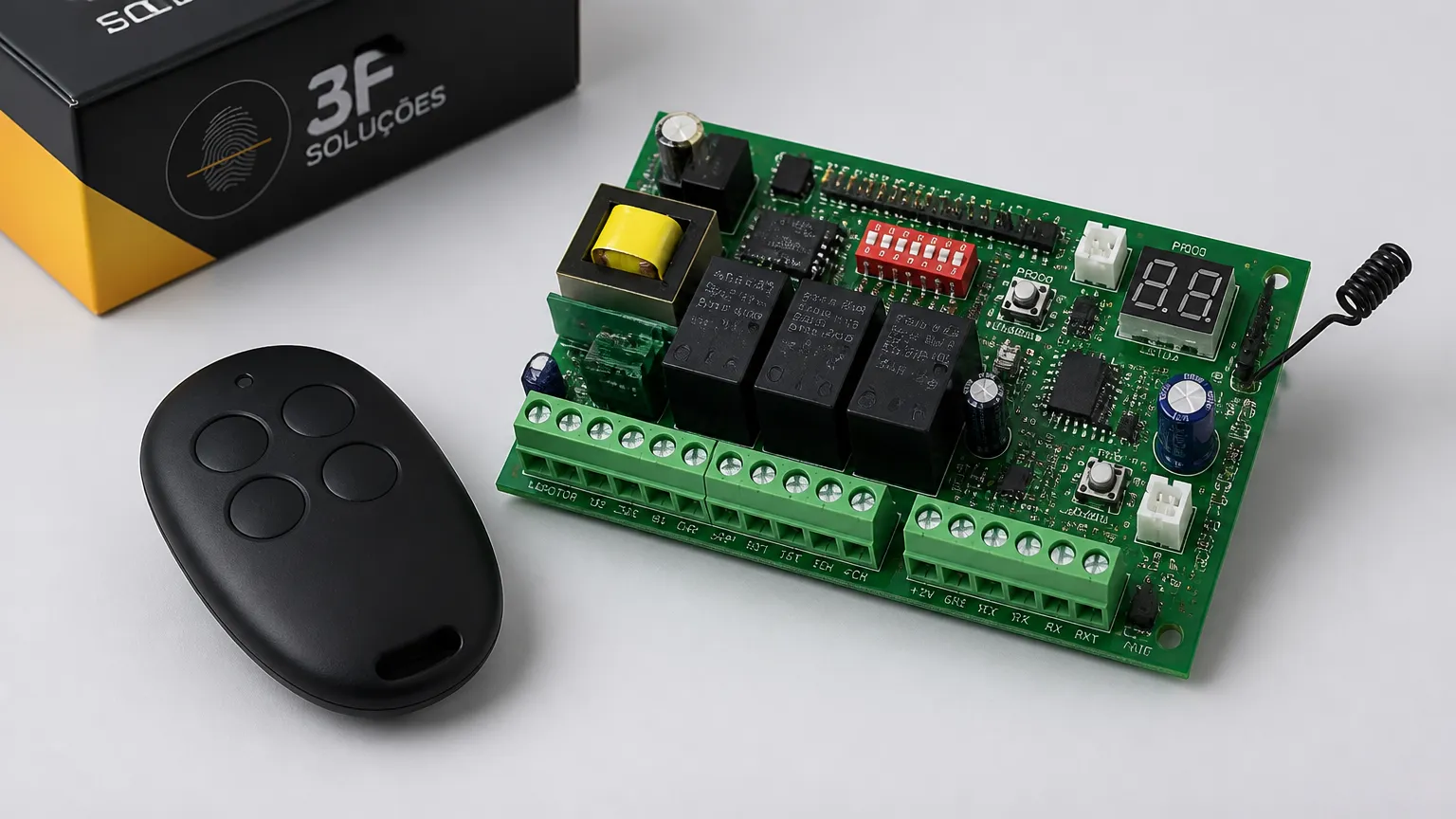 Kit com placa para motor de portão Eusébio e controle remoto em estúdio