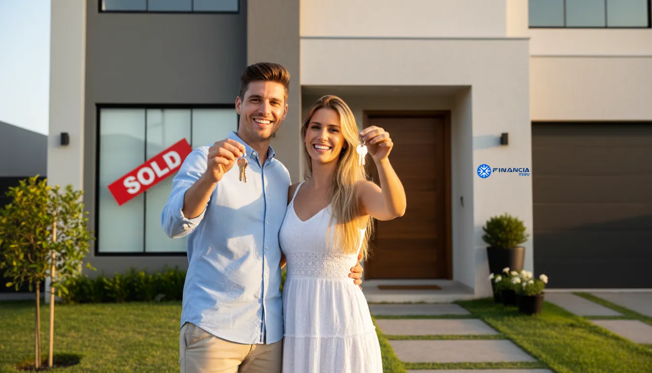 Casal feliz celebra a conquista da casa própria, resultado de decisões financeiras estratégicas sem erros crédito com garantia.