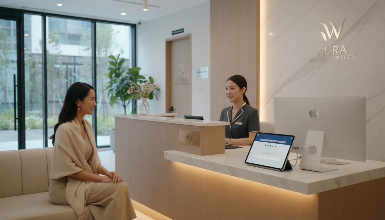 Cliente vivenciando atendimento personalizado e feedback digital, refletindo experiência premium em wellness