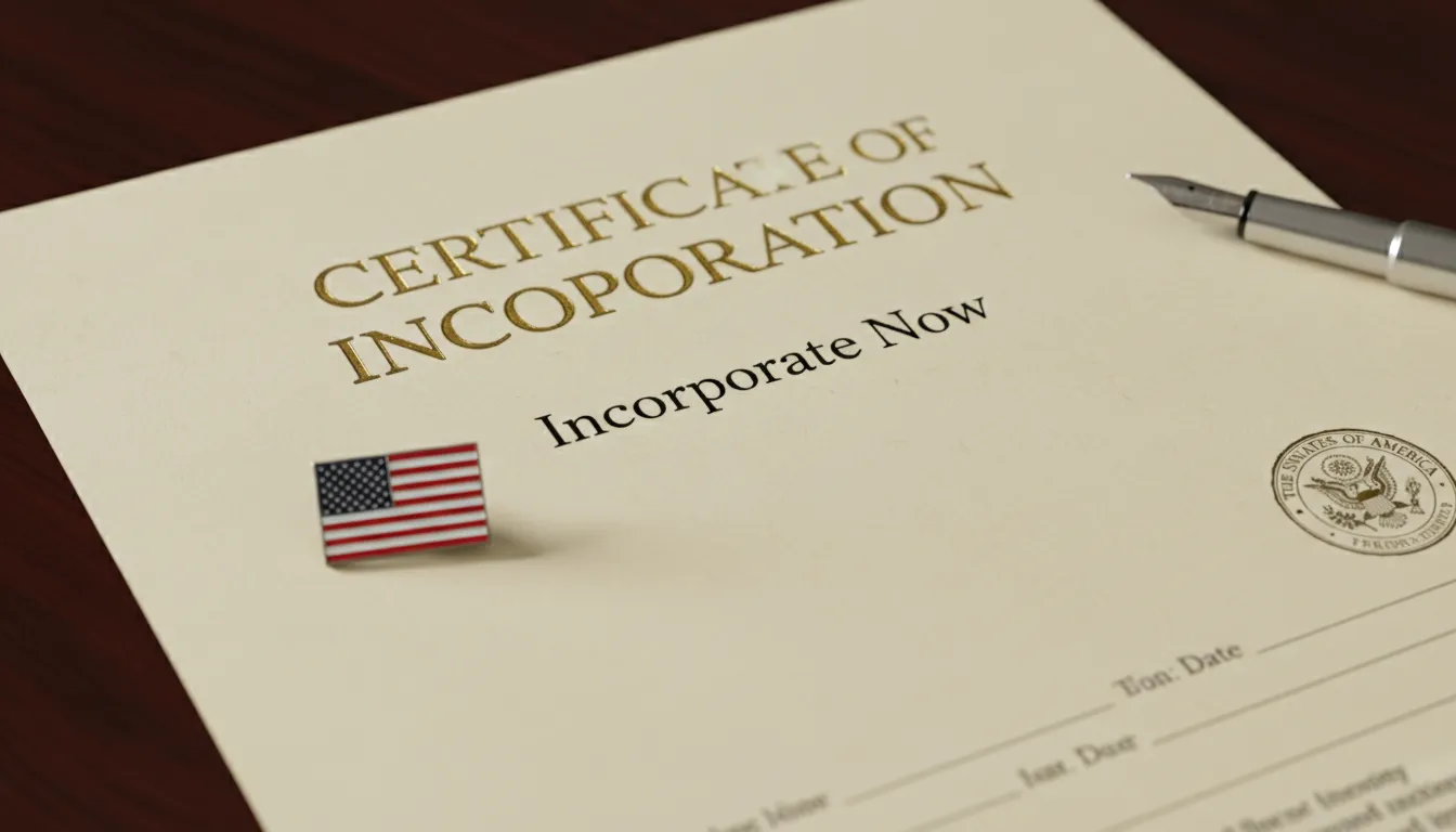 Close-up de um documento legal com 'Certificate of Incorporation', representando a formalização e abertura de empresa em Delaware.