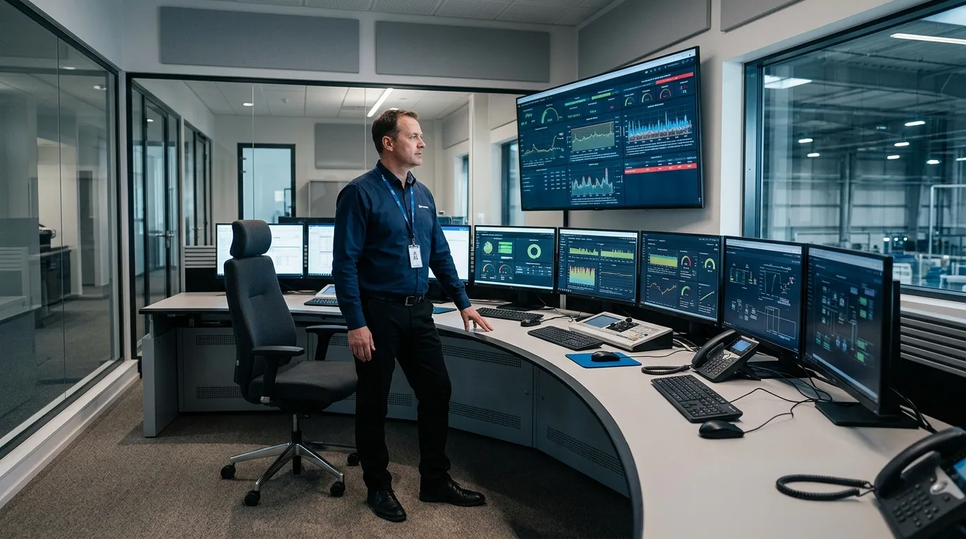 Sala de controle monitorando ativos contra paradas não programadas de máquinas.