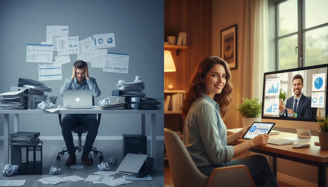 Comparativo: pessoa estressada com finanças vs. pessoa relaxada com consultoria Financia Tudo, mostrando quanto posso pegar no empréstimo com imóvel.