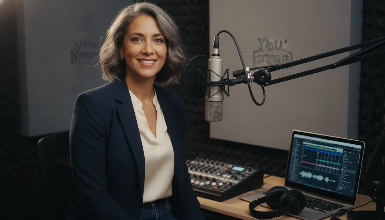 Executiva gravando podcast em estúdio profissional, construindo sua marca pessoal e autoridade.