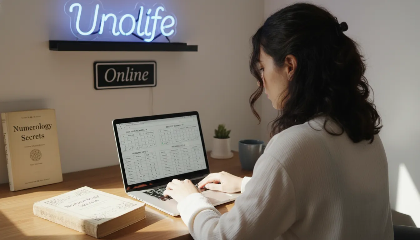 Pessoa usando um laptop para calcular a numerologia do nome e da data de nascimento. Uma forma moderna de acessar esse conhecimento ancestral.
