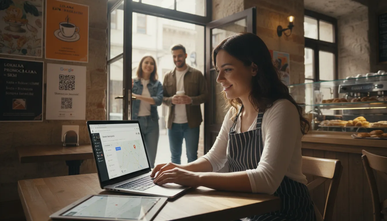 SEO Local BH 2026: Como Dominar Buscas na Sua Cidade 1 Dono de café em BH ajustando perfil do Google com destaque para ambiente moderno e clientes entrando