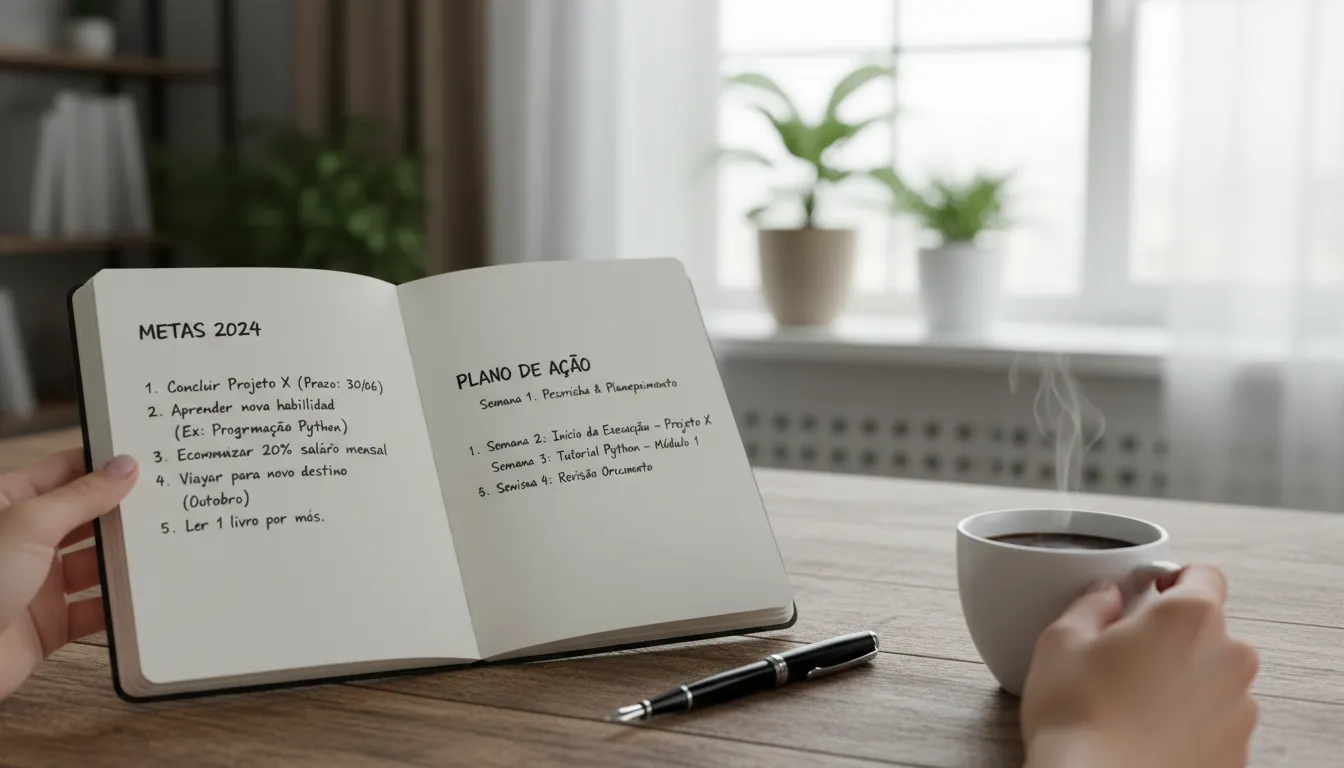 Caderno de planejamento de metas com aparência organizada e ambiente inspirador.