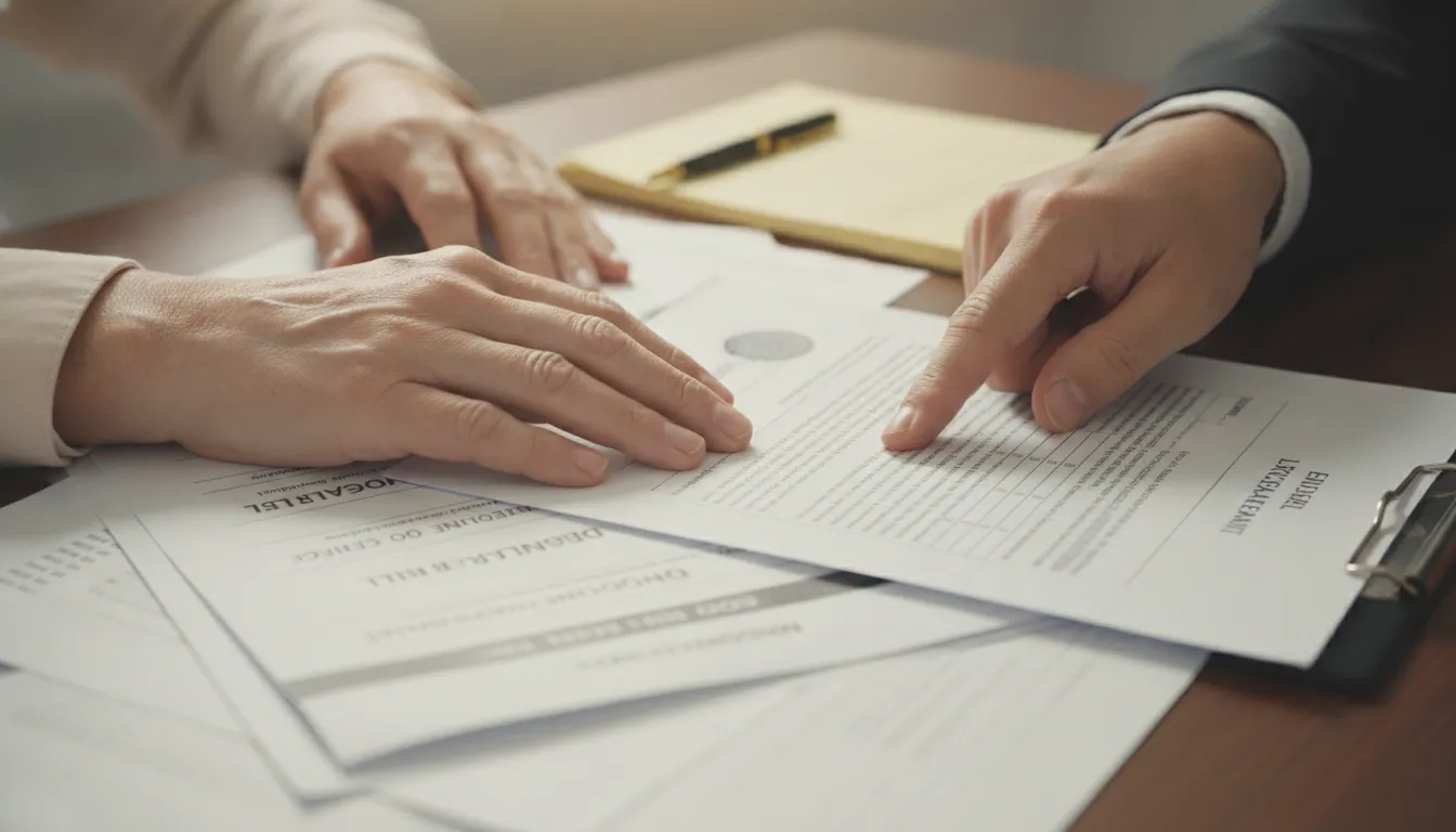 Advogado em Tietê: ação contra plano de saúde. Mãos de cliente e advogado sobre documentos e contas médicas.
