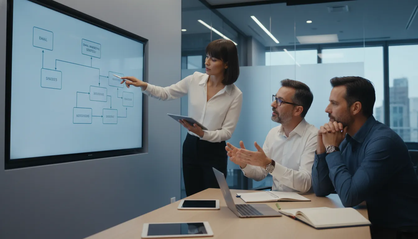 Equipe colabora em estratégia de email marketing, planejando campanhas para dobrar vendas e resultados.
