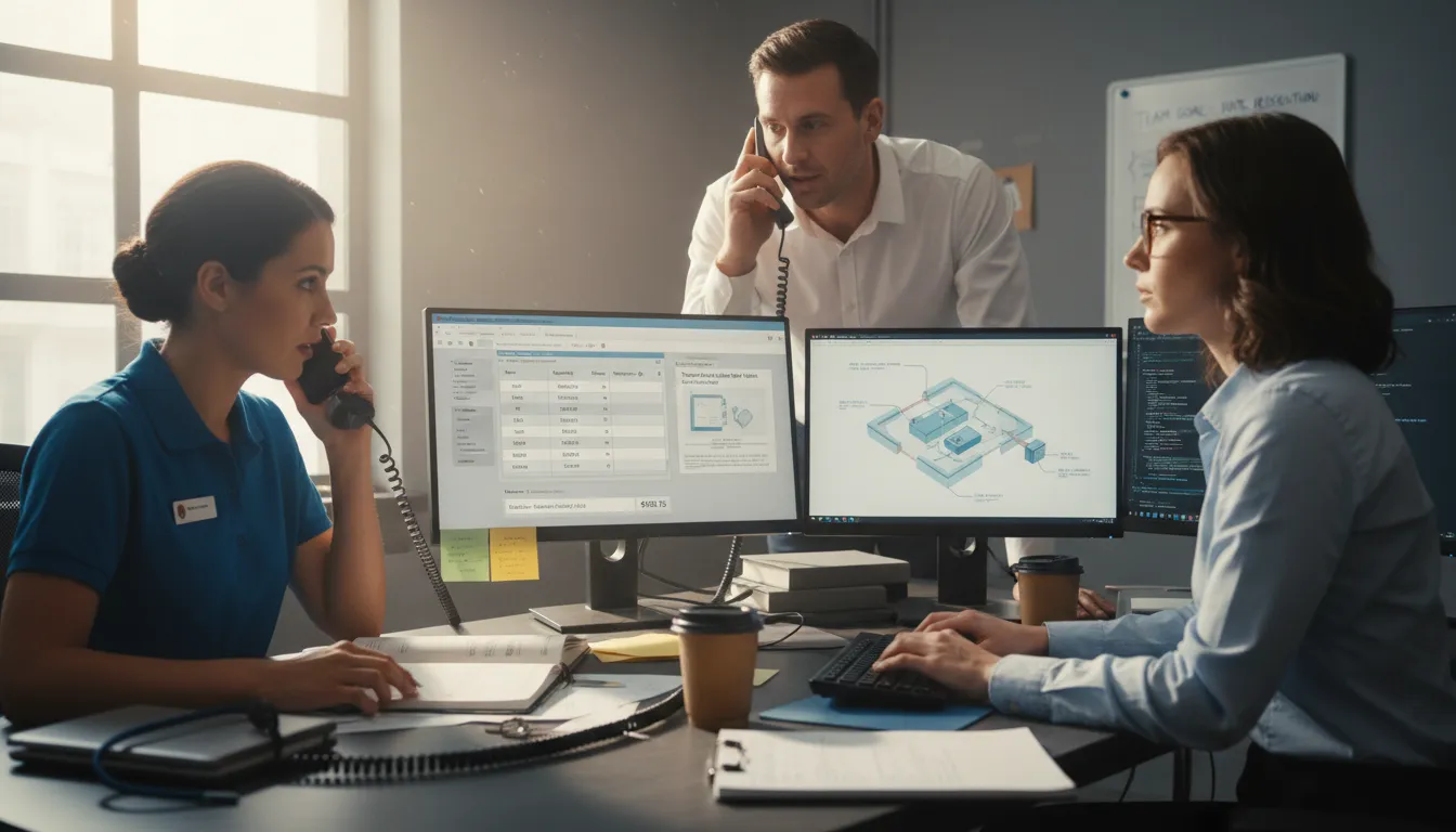 Equipe de suporte humano auxiliando implantação de sistema PDV em loja física