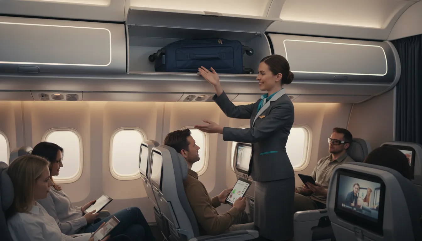 Cabine de avião moderna em 2026, com passageiros e bagagem de mão regras sendo seguidas para voos tranquilos.