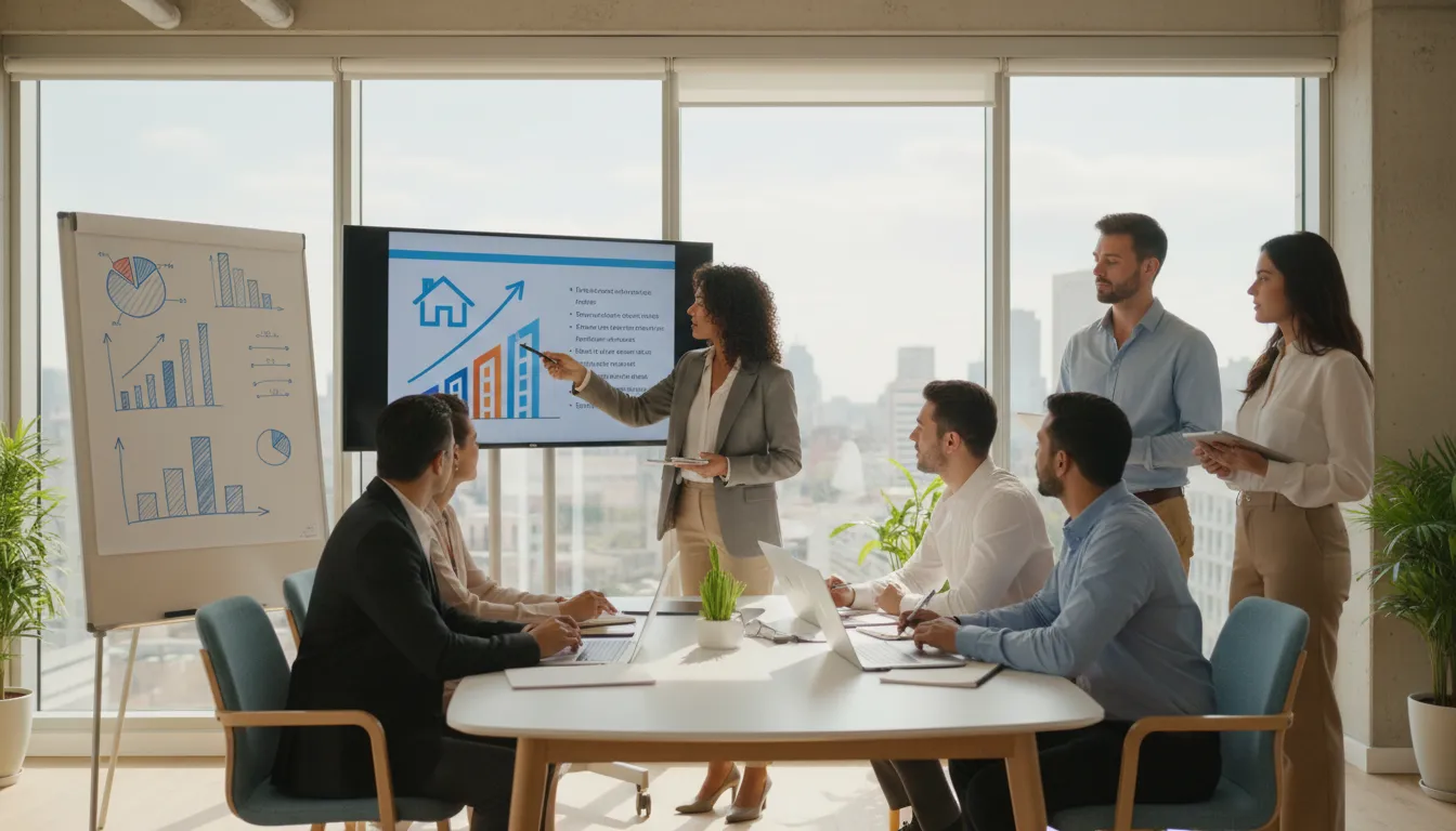 Interior de escritório moderno com equipe diversa discutindo soluções financeiras e opções de empréstimo para condomínios.