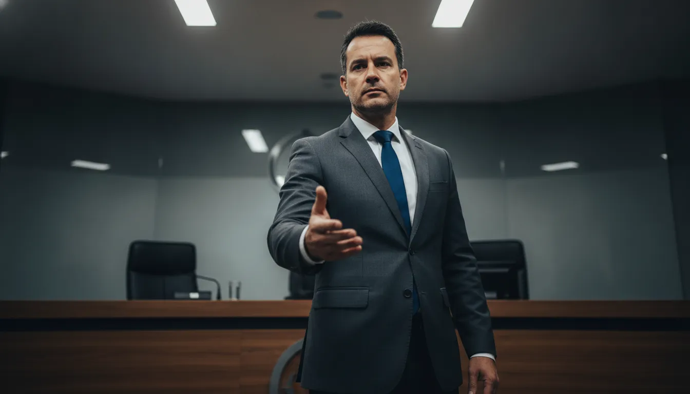 Advogado em Guabiruba defende cliente em tribunal, apresentando argumentos sólidos contra plano de saúde, com confiança.