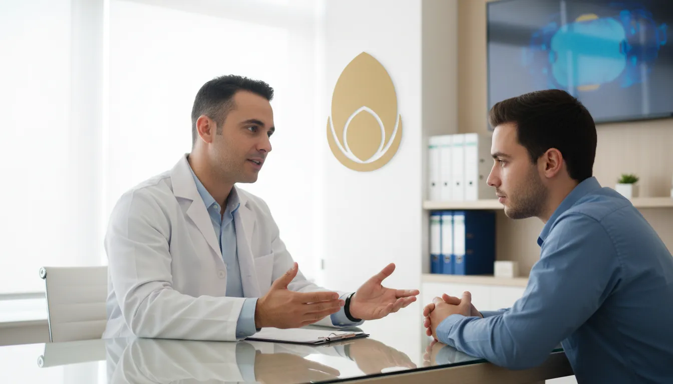 Médico explicando tratamento para ejaculação precoce tem cura durante consulta, com paciente atento e ambiente profissional de clínica.