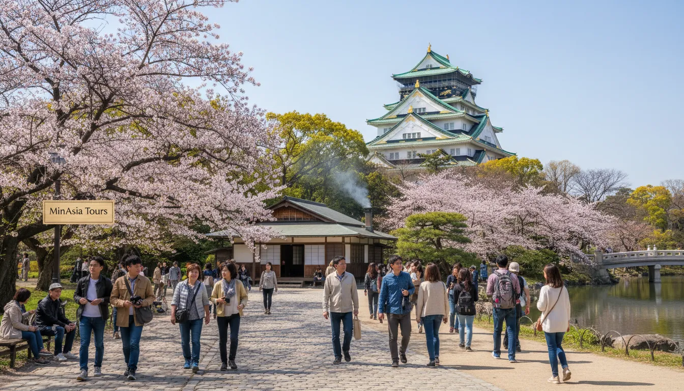 Paisagem serena do parque do castelo de Osaka, com visitantes passeando e a marca MinAsia Tours discretamente exibida.