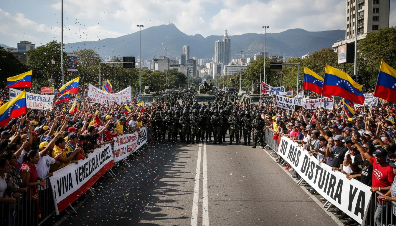 Manifestantes venezuelanos divididos entre apoio e protesto após a captura de Maduro, com presença policial e militar