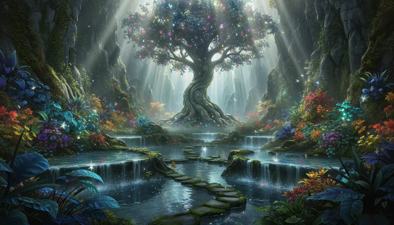 Uma paisagem com um jardim hermético escondido, cheio de plantas exóticas e uma árvore majestosa. Detalhes fotorrealistas do jardim alquímico.