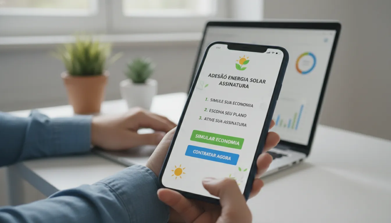 Smartphone exibe interface adesão energia solar assinatura, simulação economia, contratação fácil e transparente.