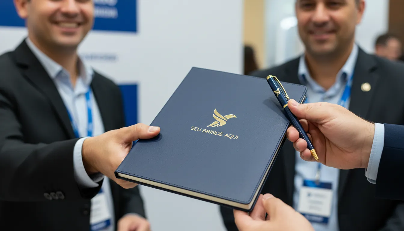 Close-up de uma pessoa recebendo um caderno e caneta personalizados como brindes para eventos, demonstrando a valorização da marca.