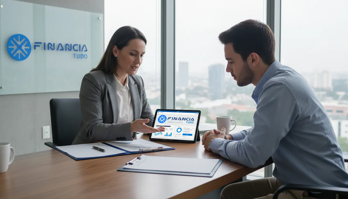 Consultor financeiro da Financia Tudo auxilia cliente a analisar opções para financiar veículo ou pagar à vista, com soluções personalizadas.