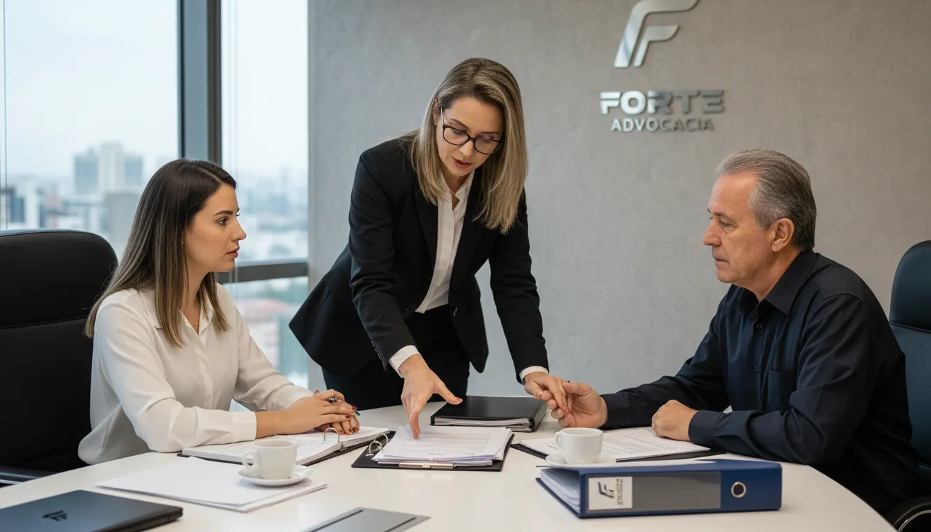 Advogada da Forte Advocacia orienta clientes sobre limbo previdenciário em escritório moderno. Solução jurídica.