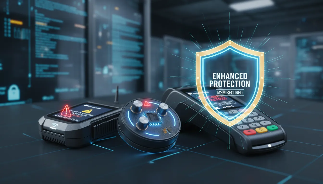 Dispositivos IoT corporativos conectados com chips M2M, destacados por alertas e símbolo de proteção digital.