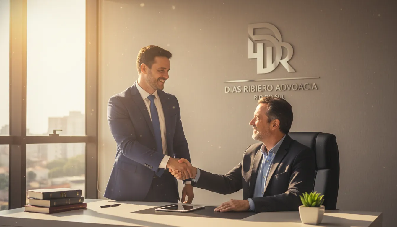 Um advogado em Rio do Sul, da Dias Ribeiro Advocacia, celebra o sucesso com um cliente satisfeito.
