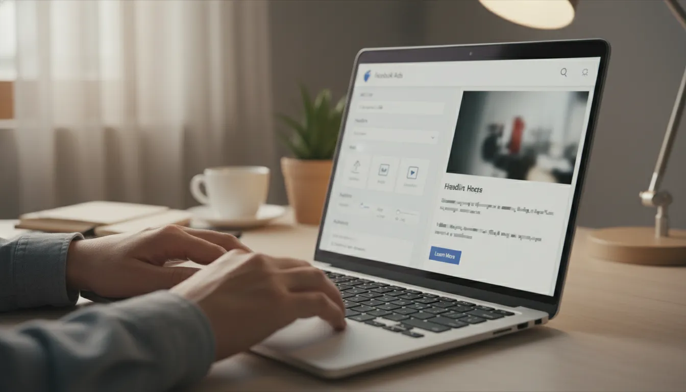 Mãos digitando em laptop, criando e configurando anúncios de Facebook Ads na interface.