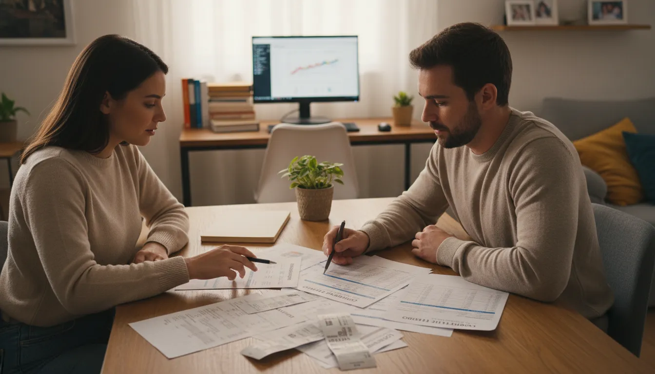 Dupla revisa extratos e boletos em mesa de casa para entender possibilidades de crédito pessoal.